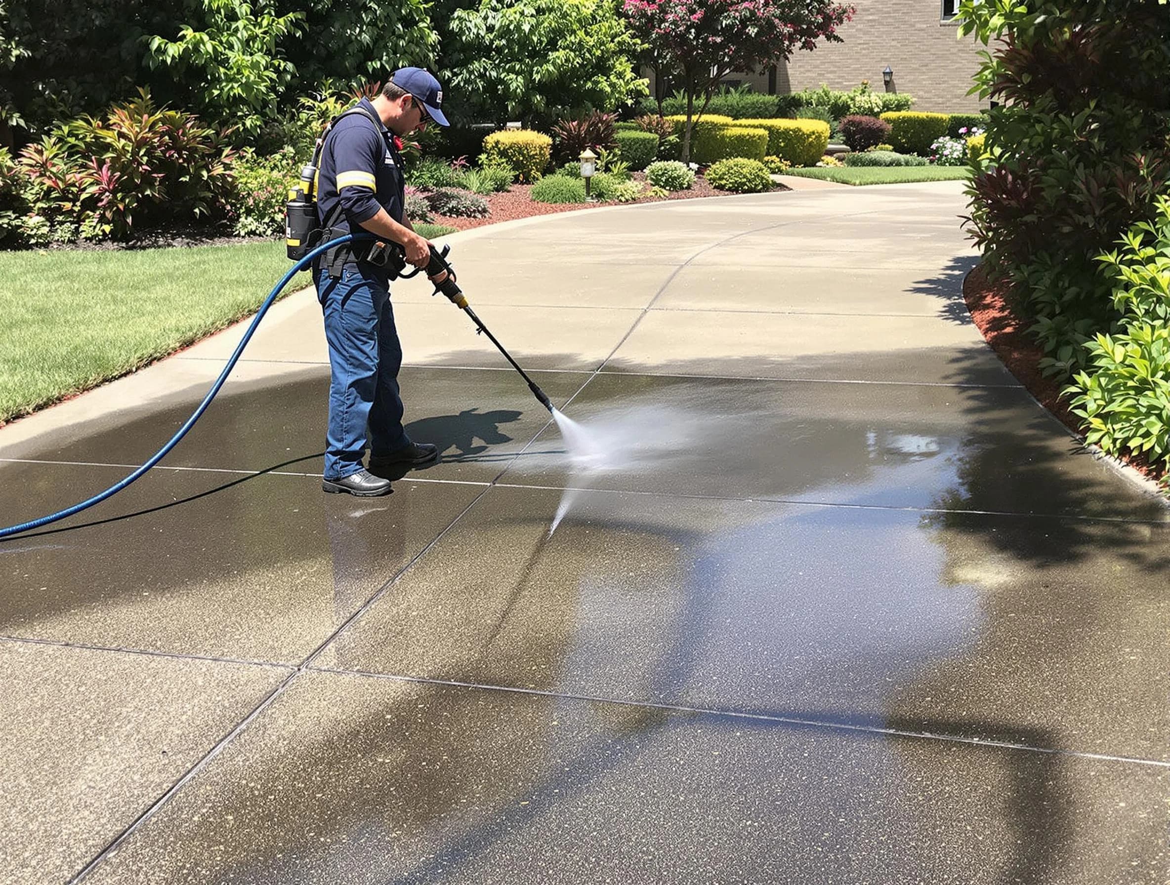 Experienced Painesville Power Washing team member pressure washing a driveway in Painesville