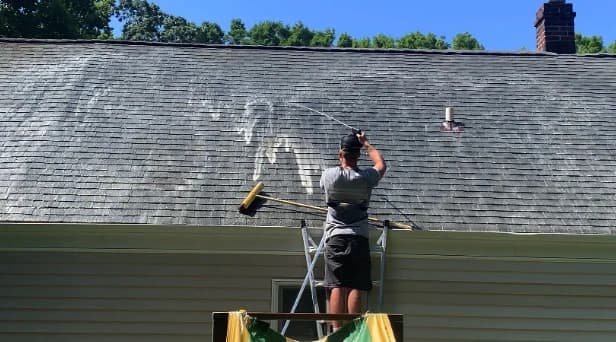 Before and after results of roof washing by Painesville Power Washing in Painesville